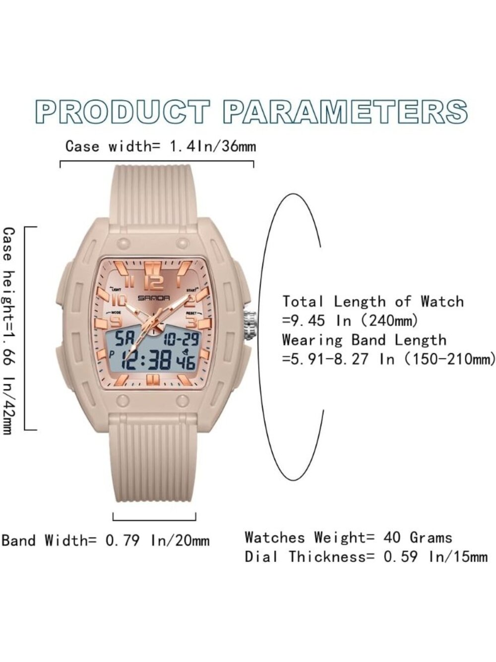 Women's Apricot Digital Analog Sports Unique Rectangle Waterproof Wrist Watches - Picture 2 of 6